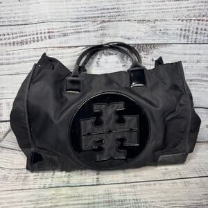 TORY BURCH Large Black Logo Nylon & PVC Tote Shoulder Bag 13x16